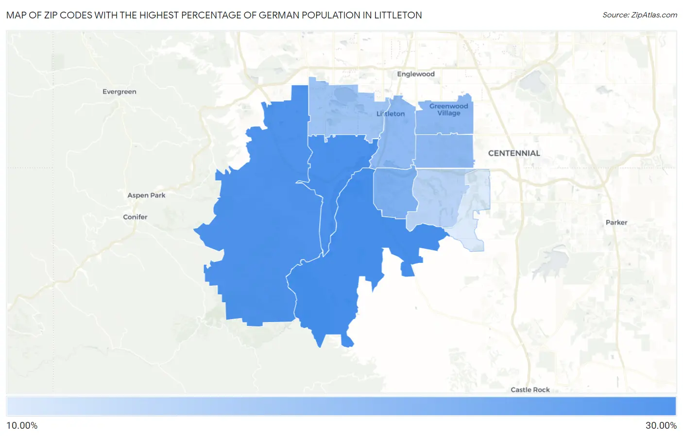 Zip Codes with the Highest Percentage of German Population in Littleton Map