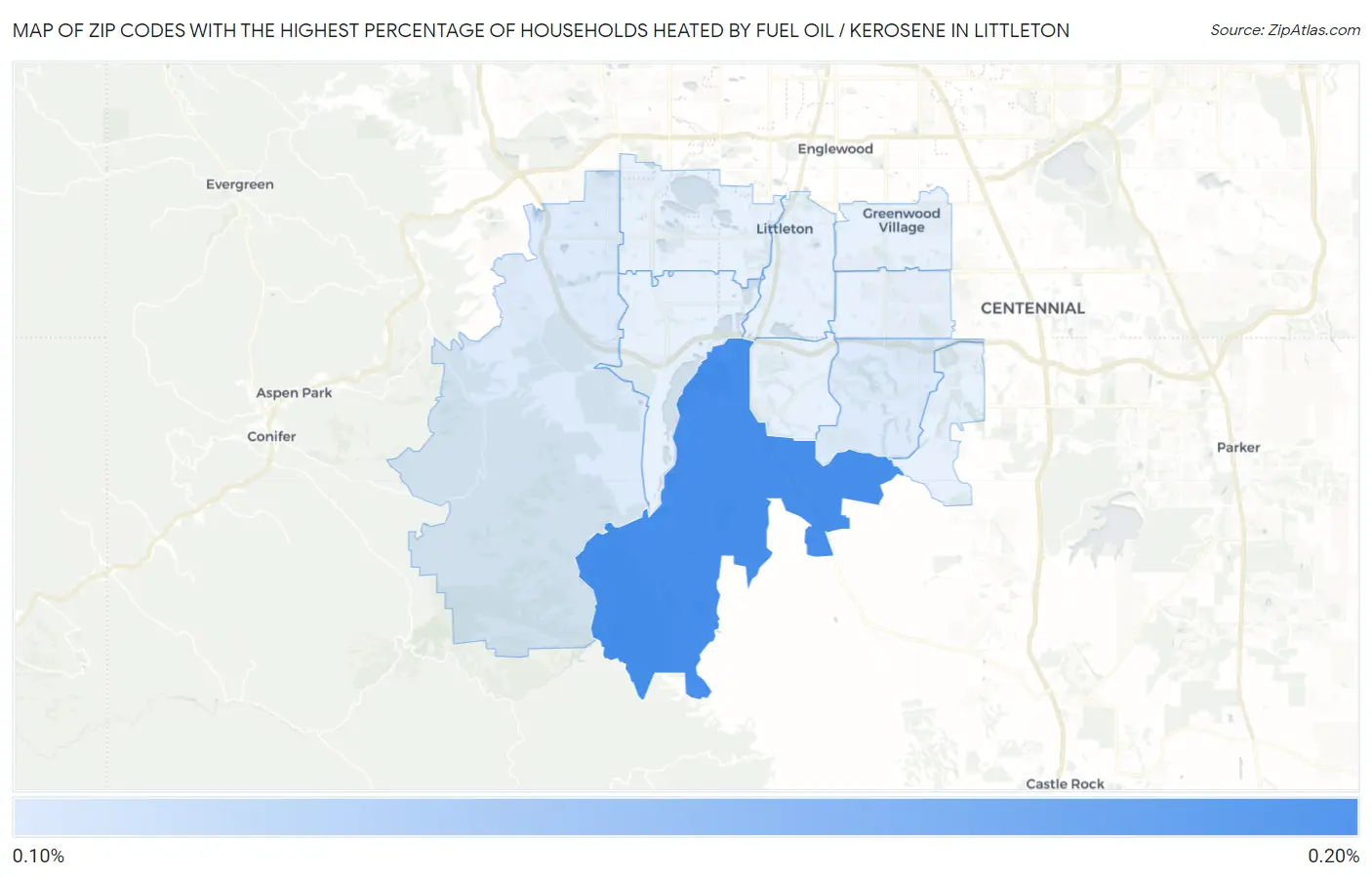 Zip Codes with the Highest Percentage of Households Heated by Fuel Oil / Kerosene in Littleton Map