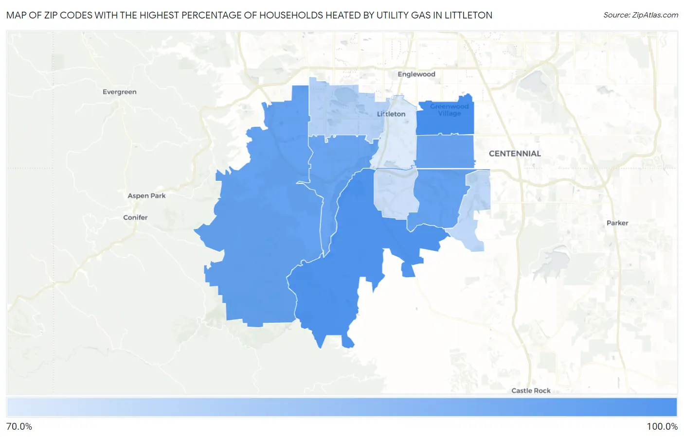 Zip Codes with the Highest Percentage of Households Heated by Utility Gas in Littleton Map