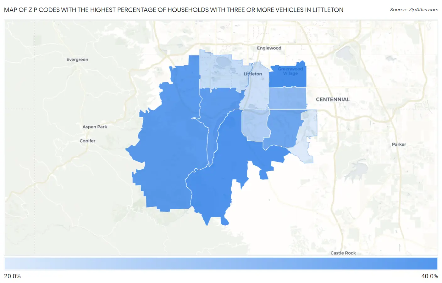 Zip Codes with the Highest Percentage of Households With Three or more Vehicles in Littleton Map