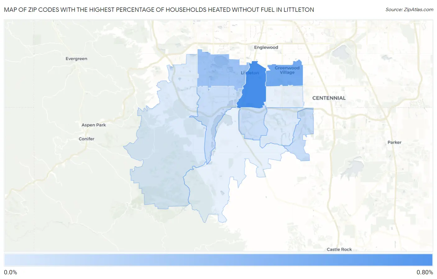 Zip Codes with the Highest Percentage of Households Heated without Fuel in Littleton Map