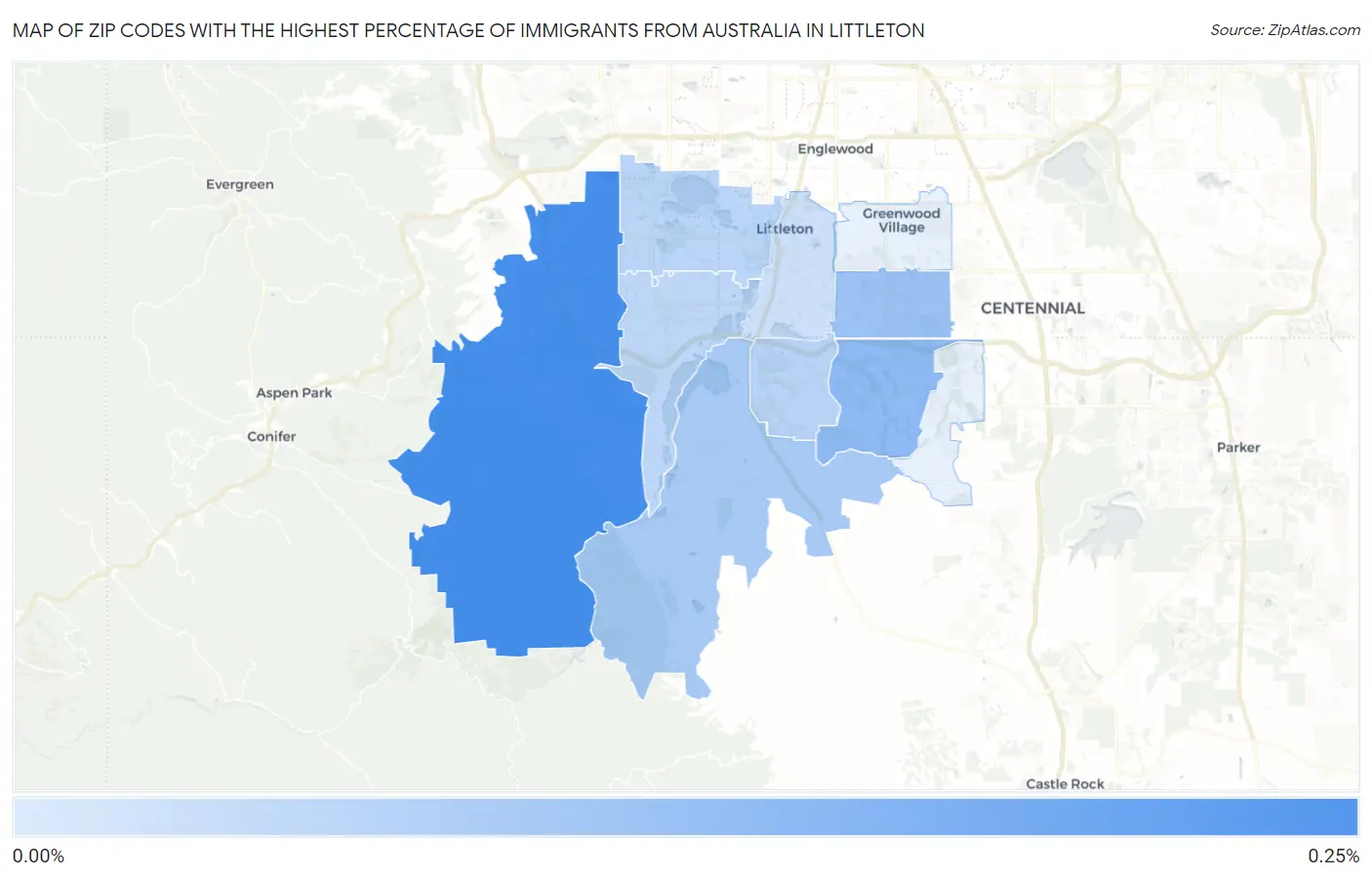 Zip Codes with the Highest Percentage of Immigrants from Australia in Littleton Map