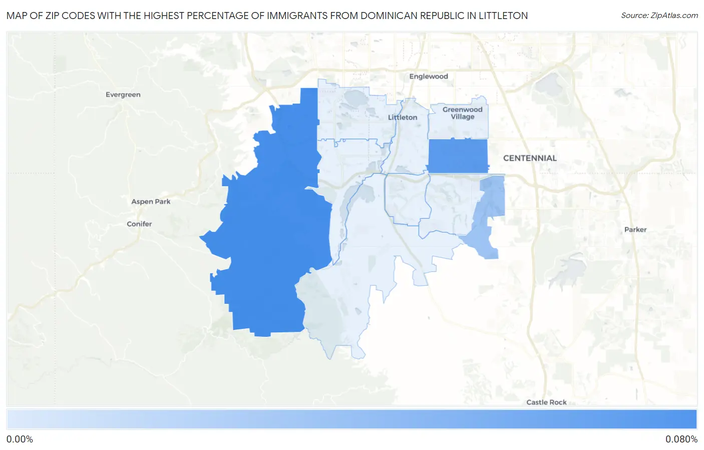 Zip Codes with the Highest Percentage of Immigrants from Dominican Republic in Littleton Map