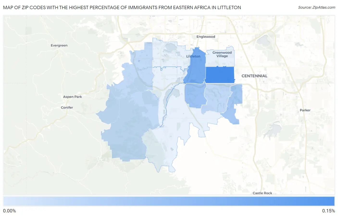 Zip Codes with the Highest Percentage of Immigrants from Eastern Africa in Littleton Map