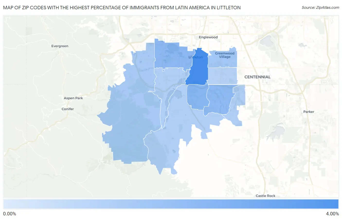 Zip Codes with the Highest Percentage of Immigrants from Latin America in Littleton Map