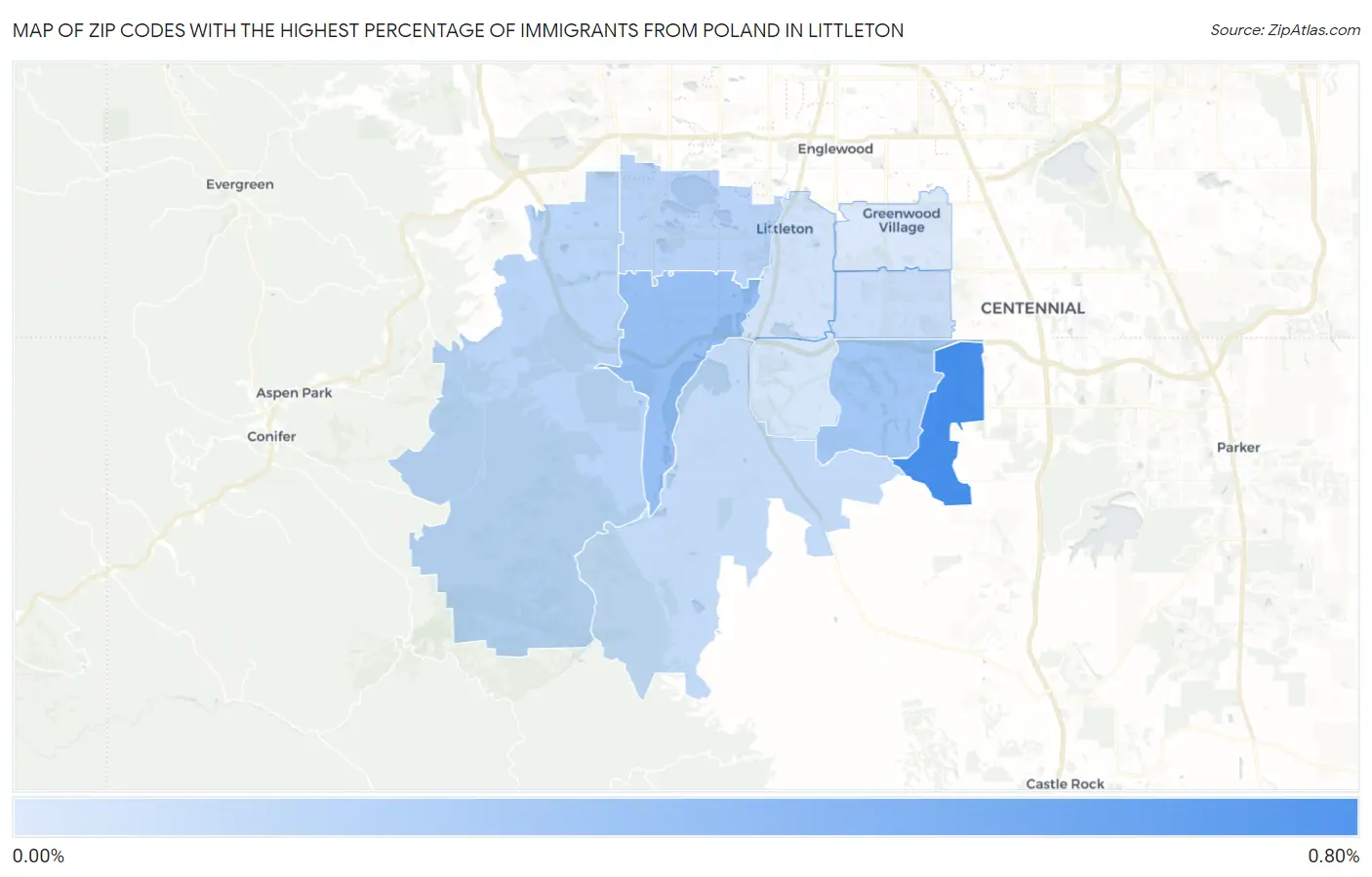 Zip Codes with the Highest Percentage of Immigrants from Poland in Littleton Map