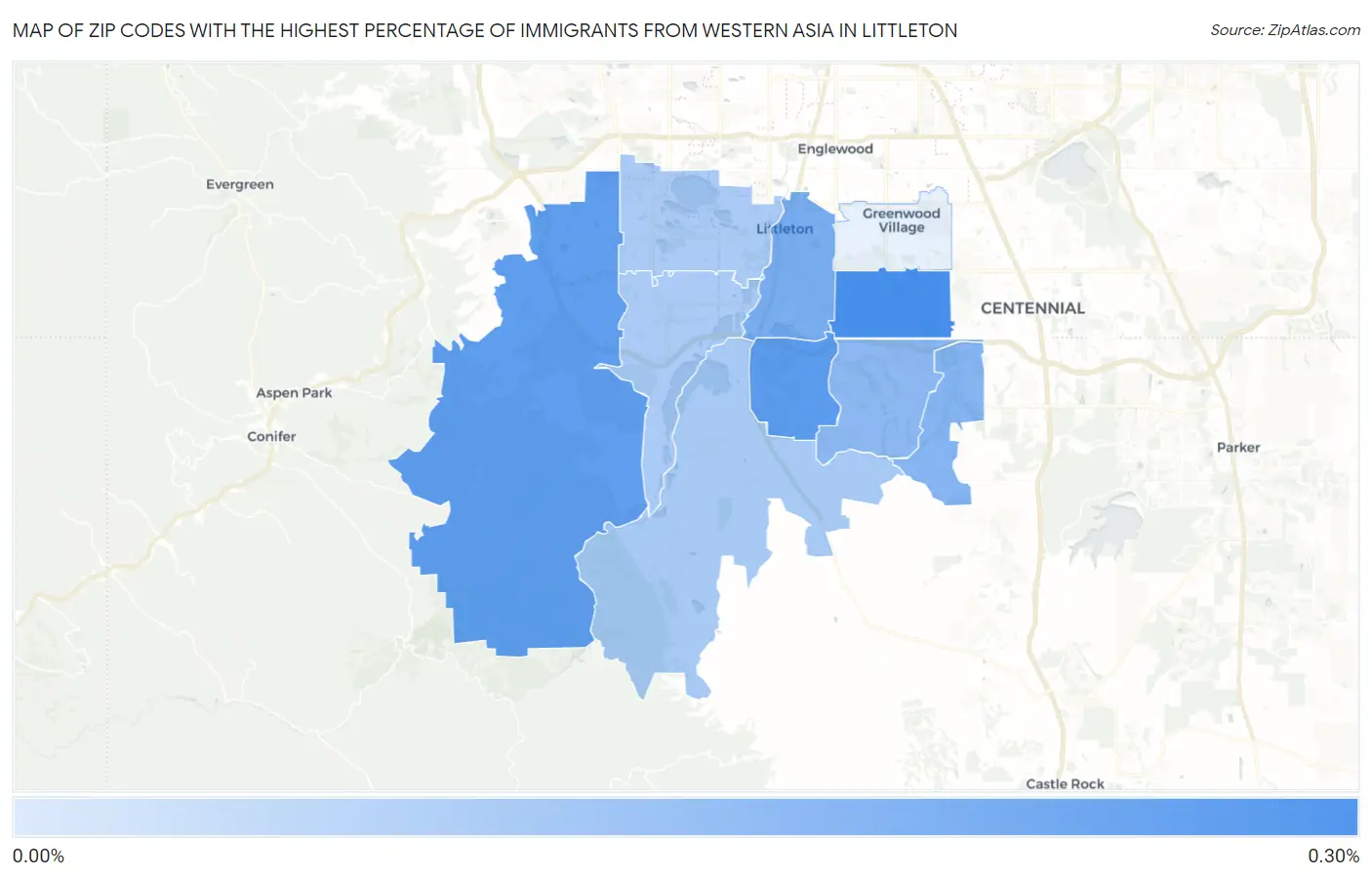 Zip Codes with the Highest Percentage of Immigrants from Western Asia in Littleton Map