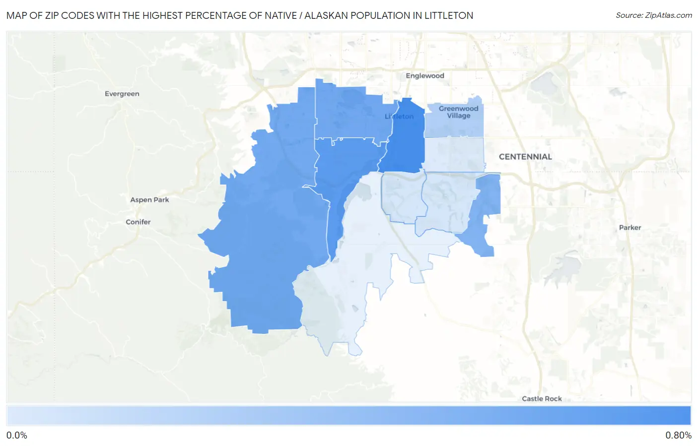 Zip Codes with the Highest Percentage of Native / Alaskan Population in Littleton Map