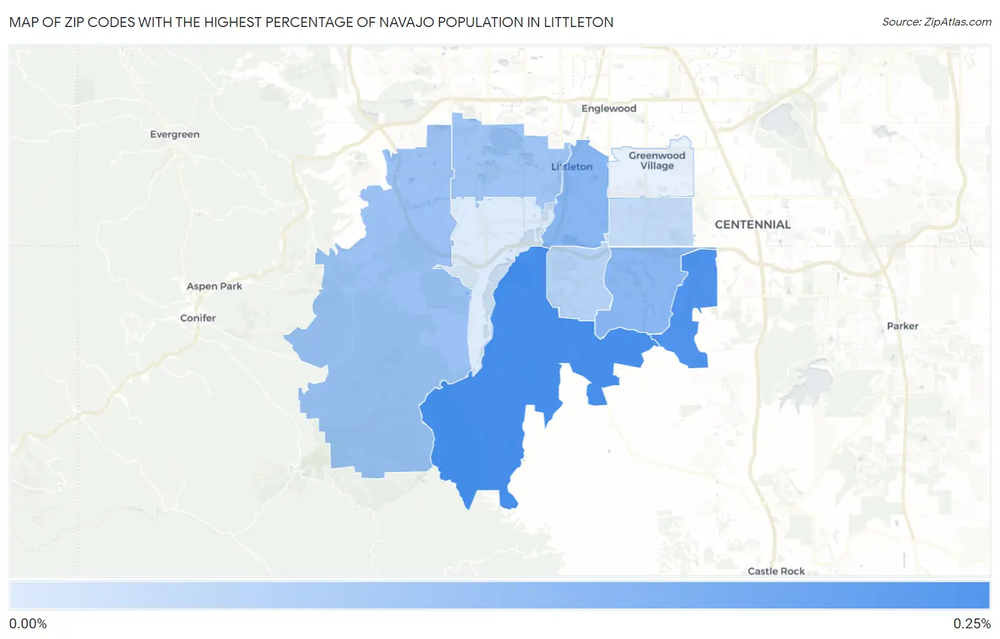 Zip Codes with the Highest Percentage of Navajo Population in Littleton Map
