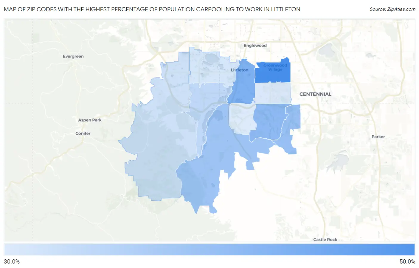 Zip Codes with the Highest Percentage of Population Carpooling to Work in Littleton Map