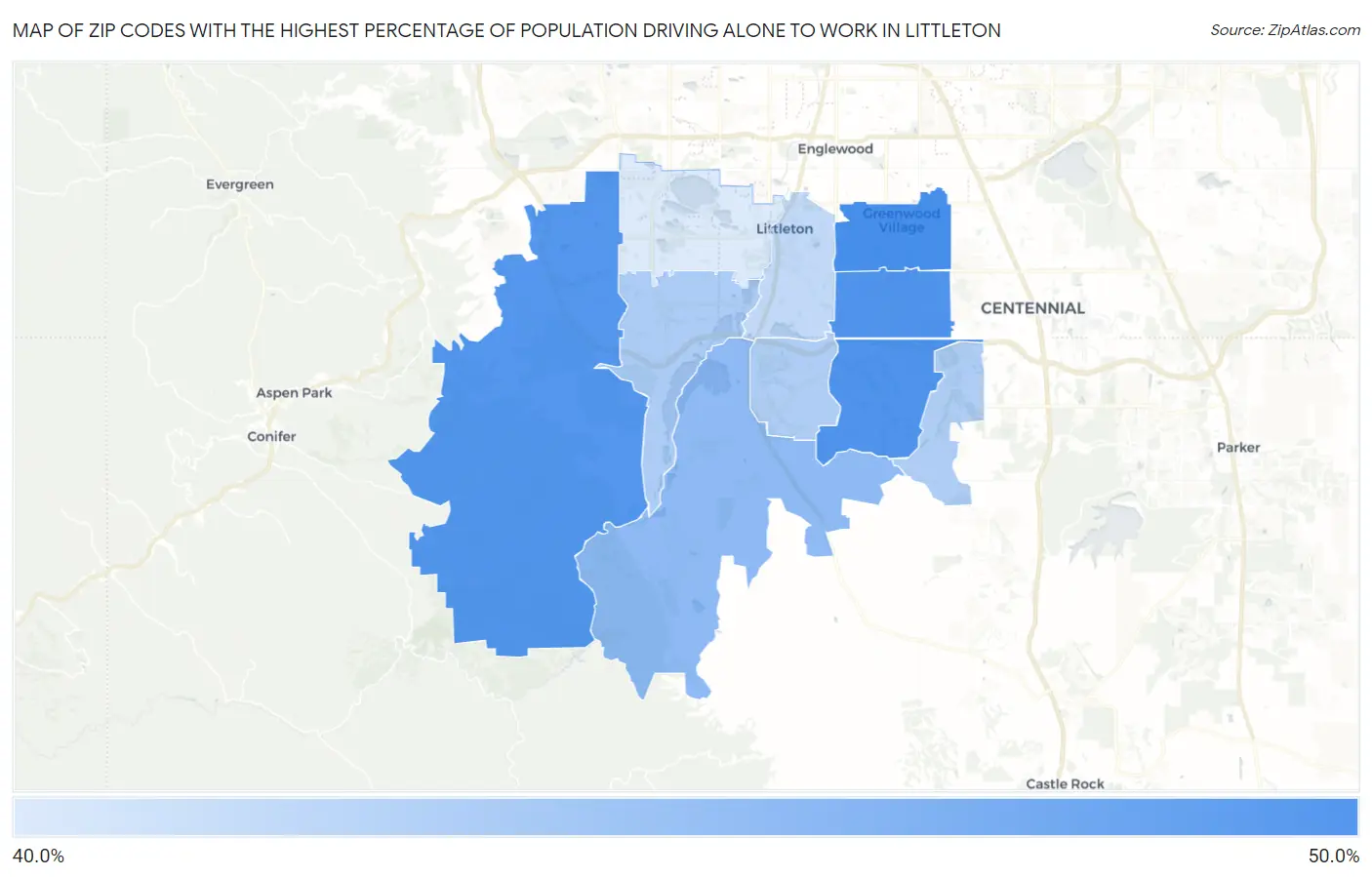 Zip Codes with the Highest Percentage of Population Driving Alone to Work in Littleton Map