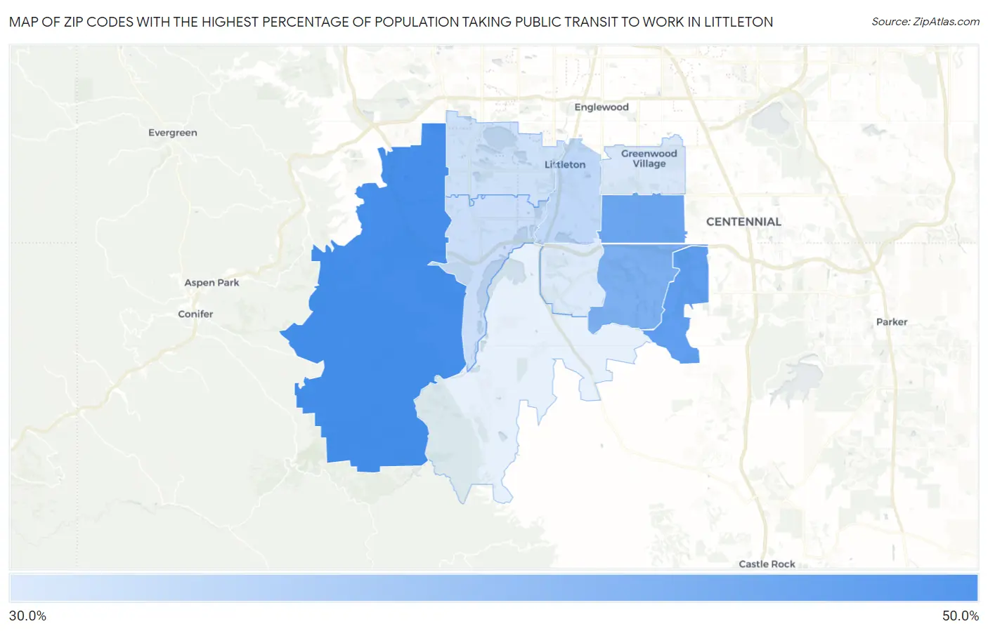 Zip Codes with the Highest Percentage of Population Taking Public Transit to Work in Littleton Map
