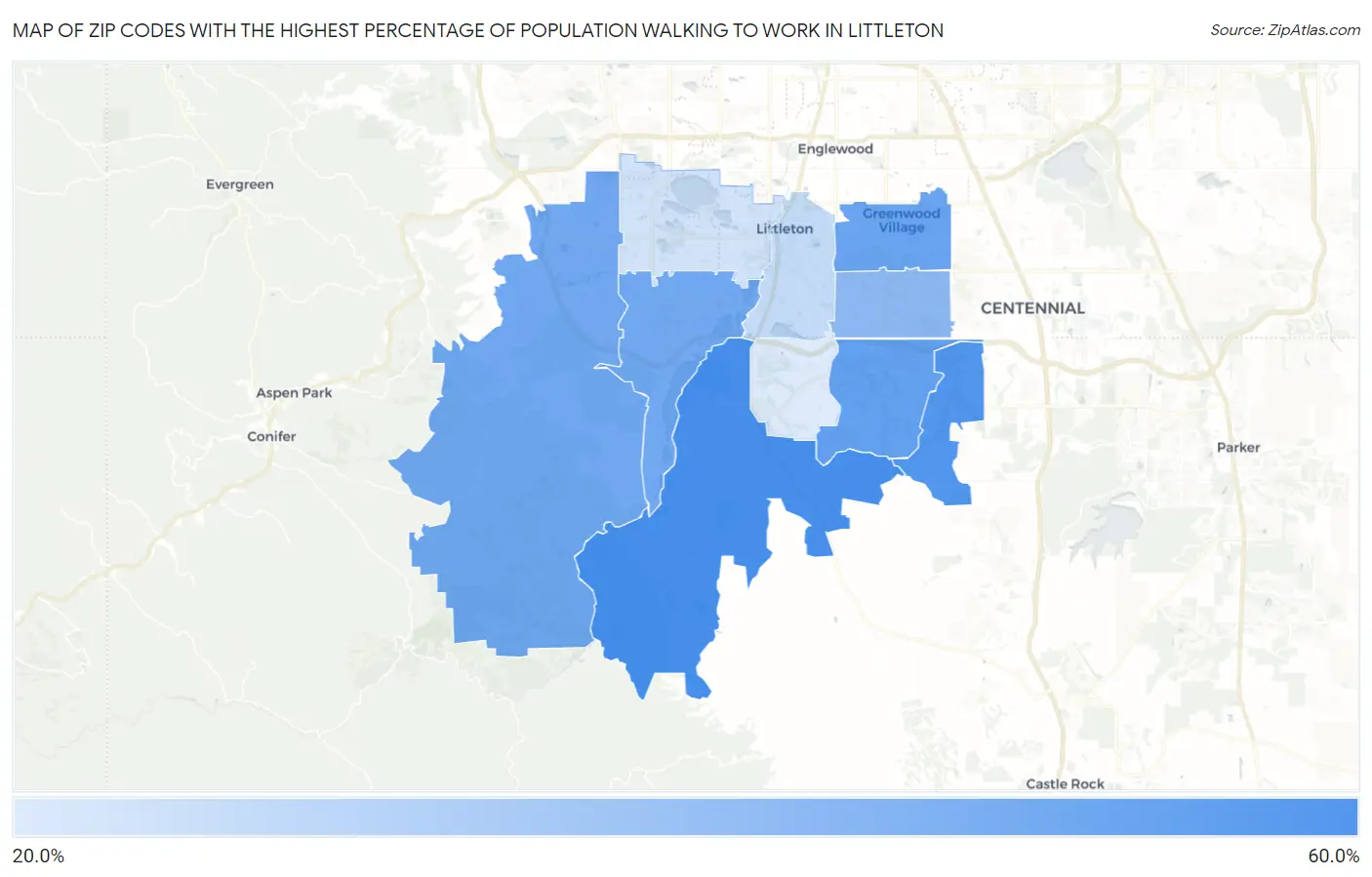 Zip Codes with the Highest Percentage of Population Walking to Work in Littleton Map