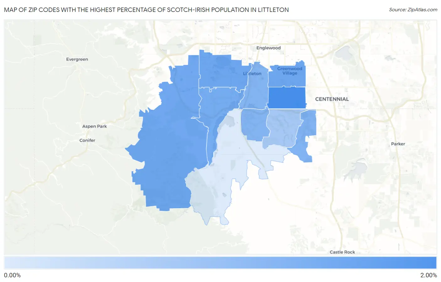 Zip Codes with the Highest Percentage of Scotch-Irish Population in Littleton Map