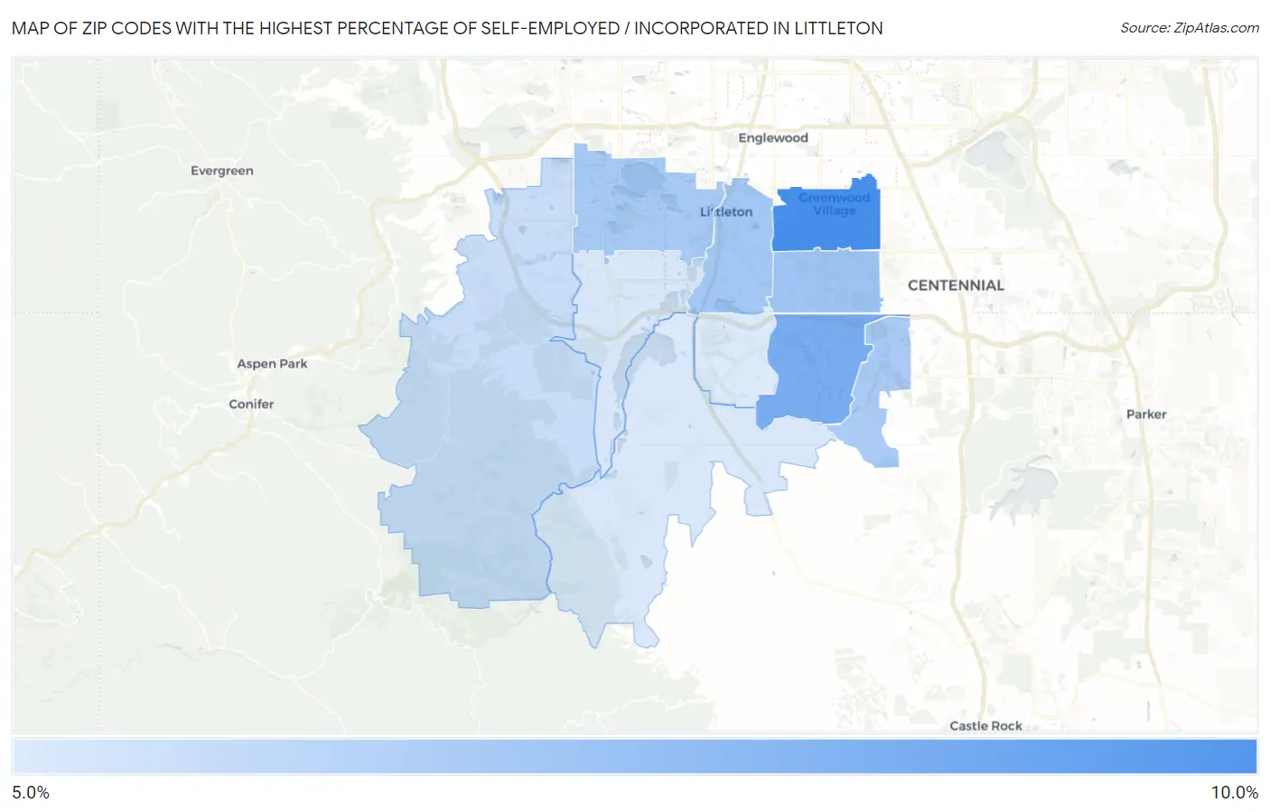 Zip Codes with the Highest Percentage of Self-Employed / Incorporated in Littleton Map