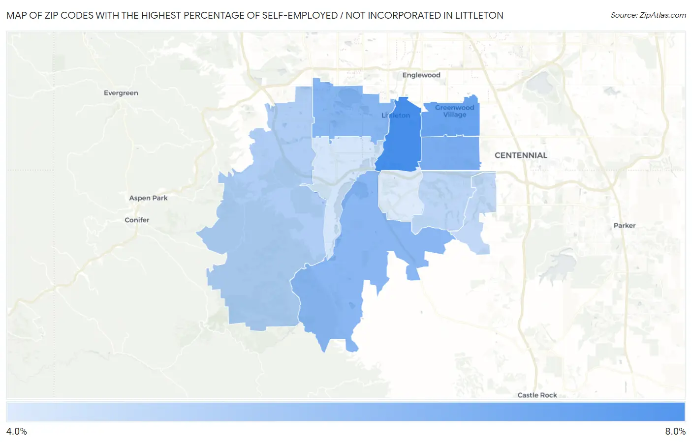 Zip Codes with the Highest Percentage of Self-Employed / Not Incorporated in Littleton Map