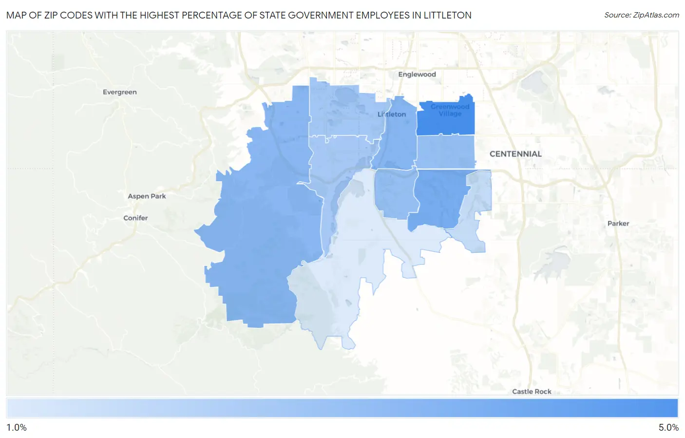 Zip Codes with the Highest Percentage of State Government Employees in Littleton Map