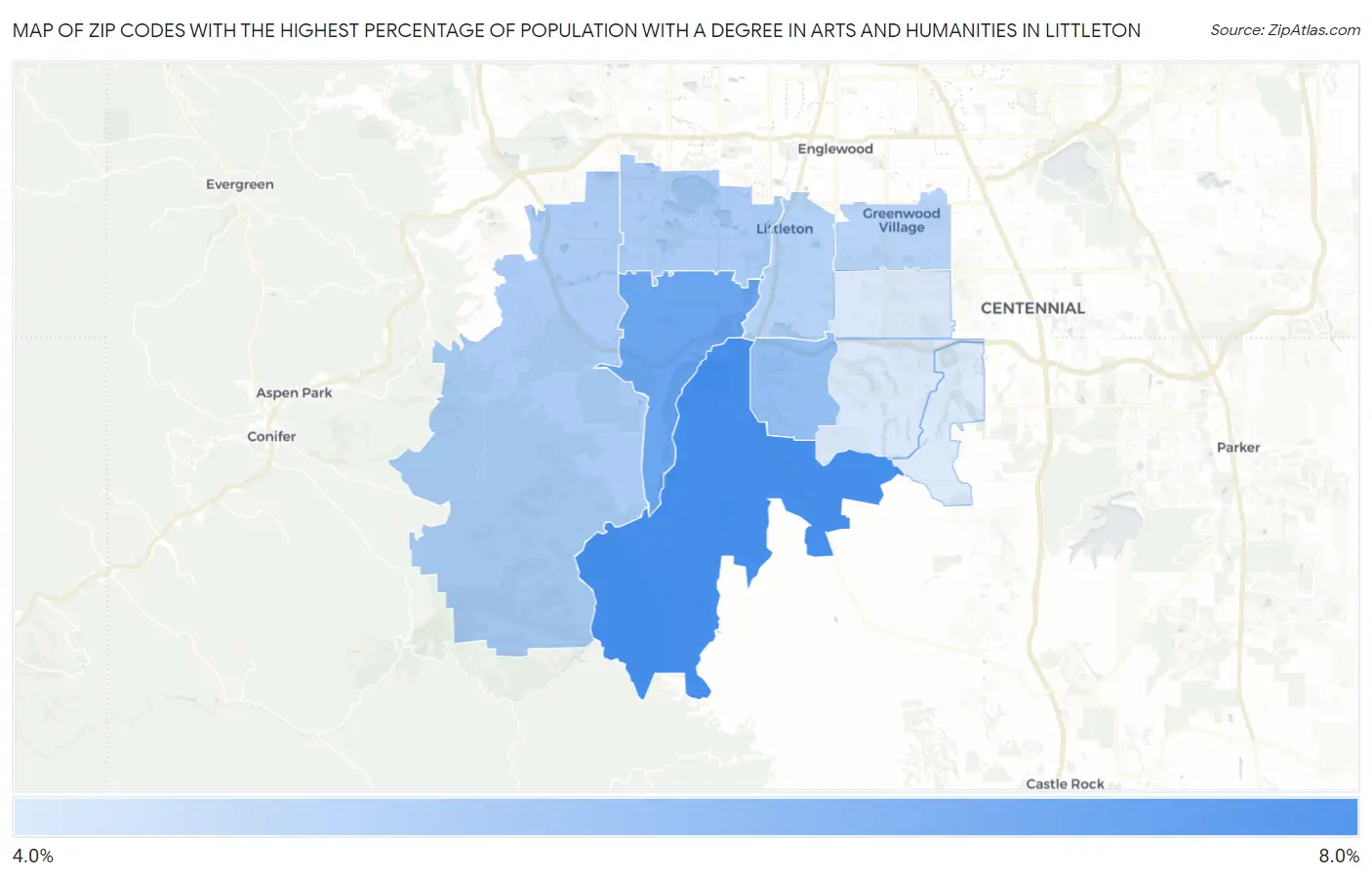 Zip Codes with the Highest Percentage of Population with a Degree in Arts and Humanities in Littleton Map