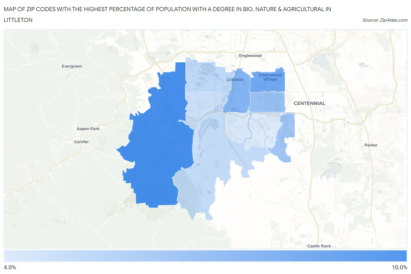 Zip Codes with the Highest Percentage of Population with a Degree in Bio, Nature & Agricultural in Littleton Map