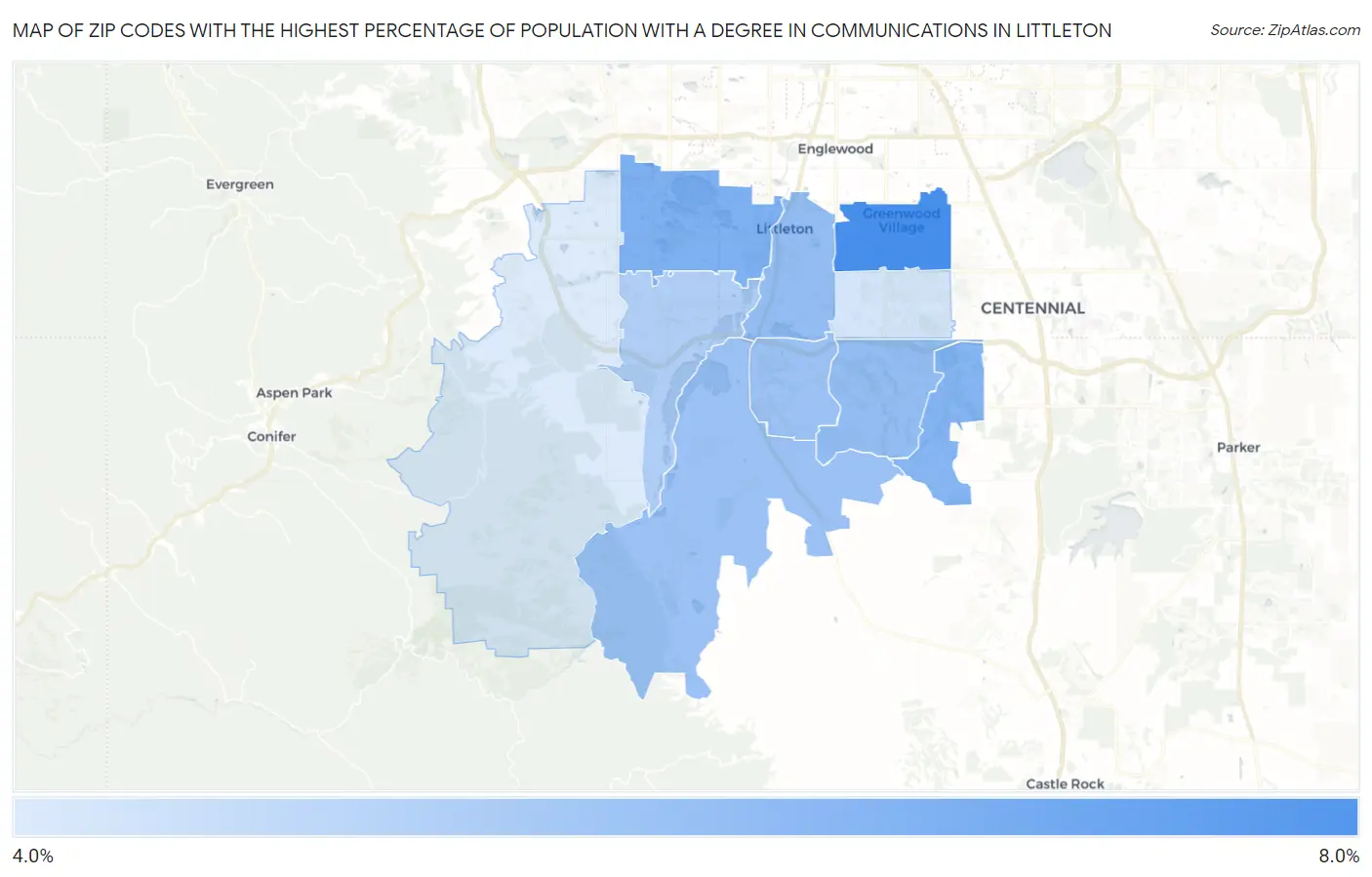 Zip Codes with the Highest Percentage of Population with a Degree in Communications in Littleton Map