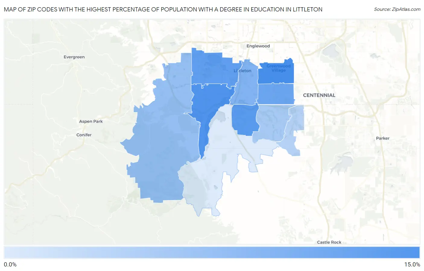 Zip Codes with the Highest Percentage of Population with a Degree in Education in Littleton Map