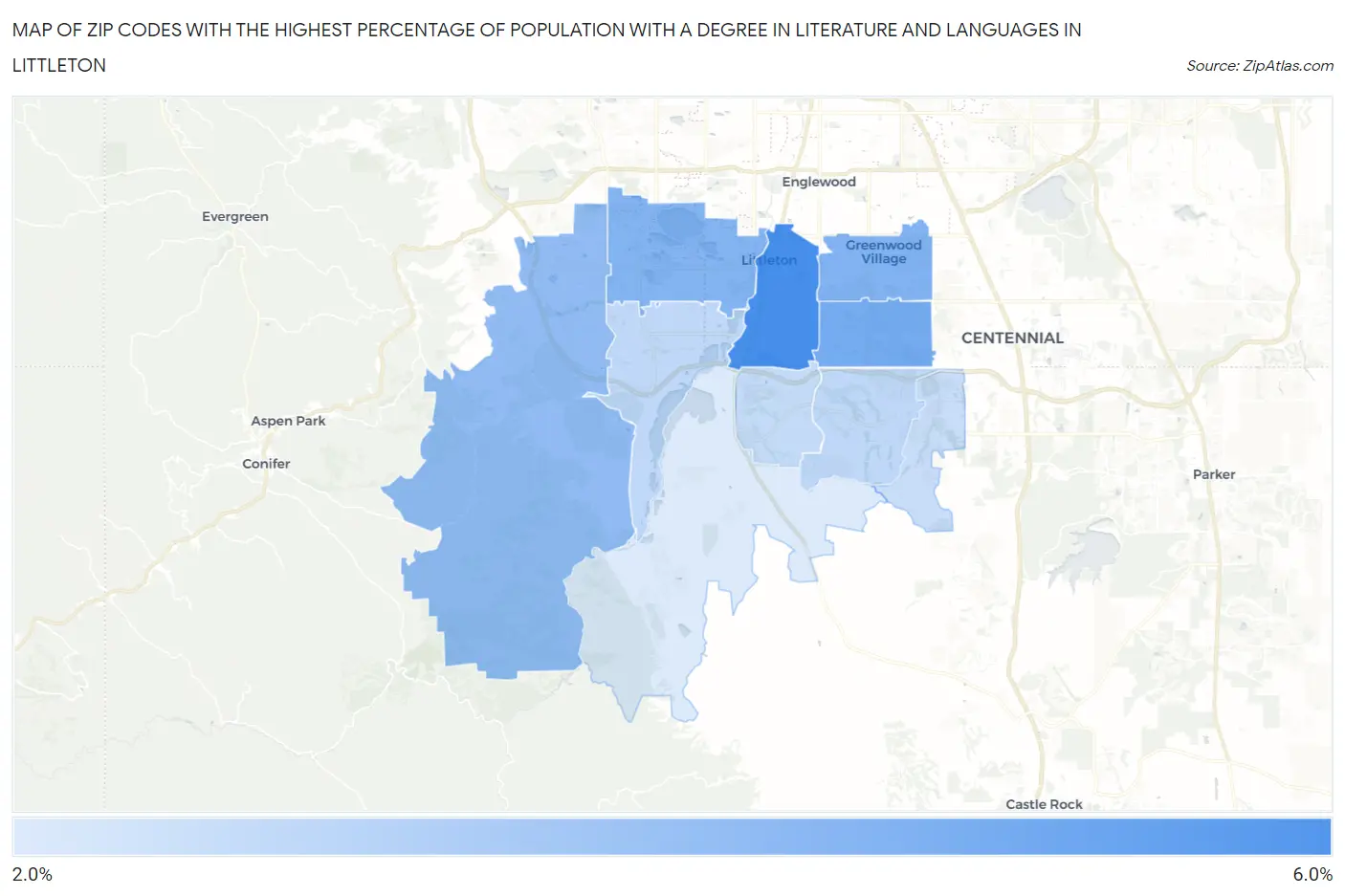 Zip Codes with the Highest Percentage of Population with a Degree in Literature and Languages in Littleton Map