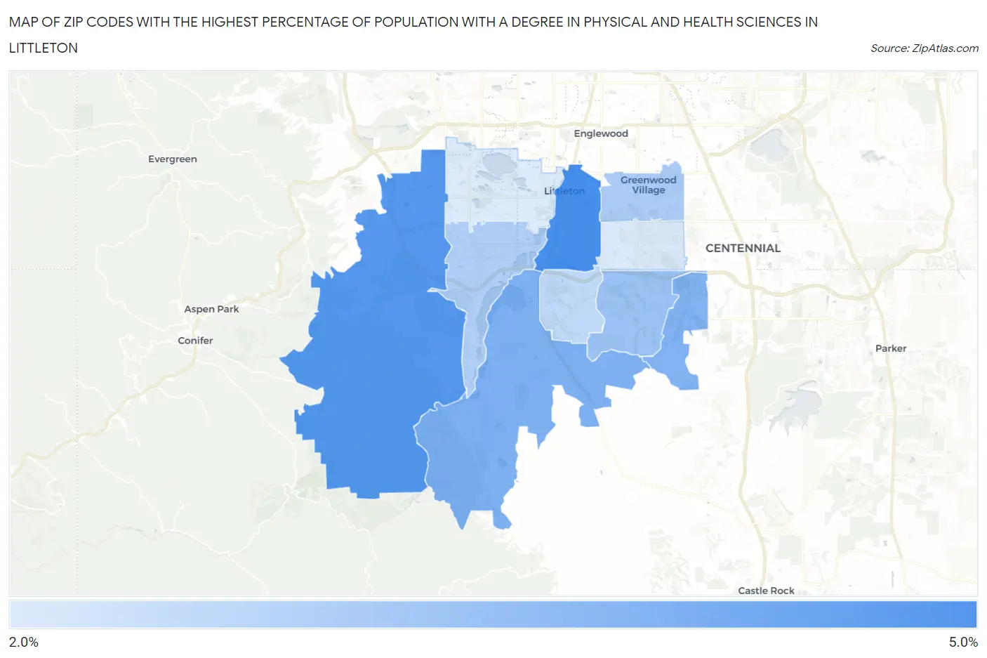 Zip Codes with the Highest Percentage of Population with a Degree in Physical and Health Sciences in Littleton Map