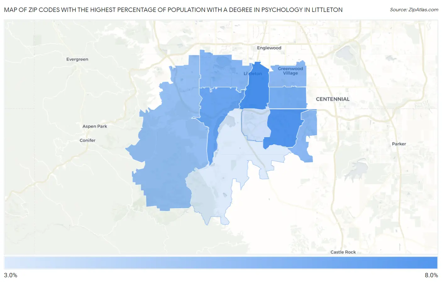 Zip Codes with the Highest Percentage of Population with a Degree in Psychology in Littleton Map