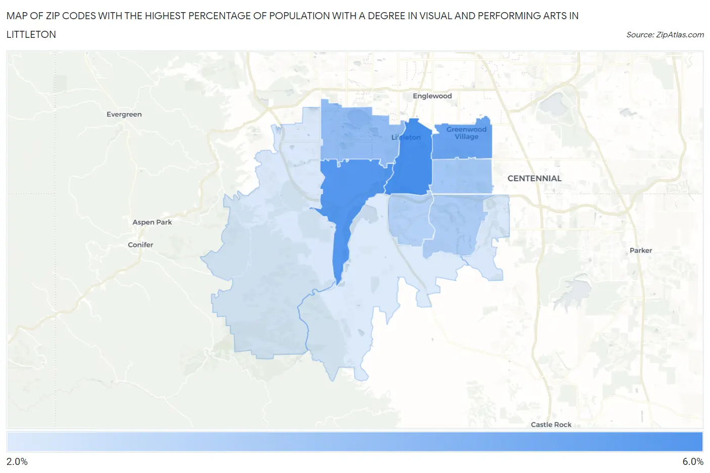 Zip Codes with the Highest Percentage of Population with a Degree in Visual and Performing Arts in Littleton Map
