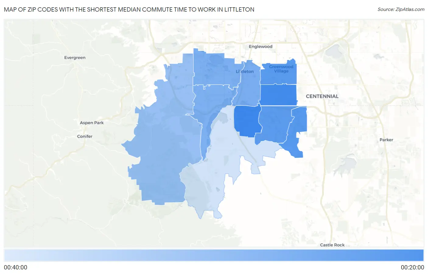 Zip Codes with the Shortest Median Commute Time to Work in Littleton Map