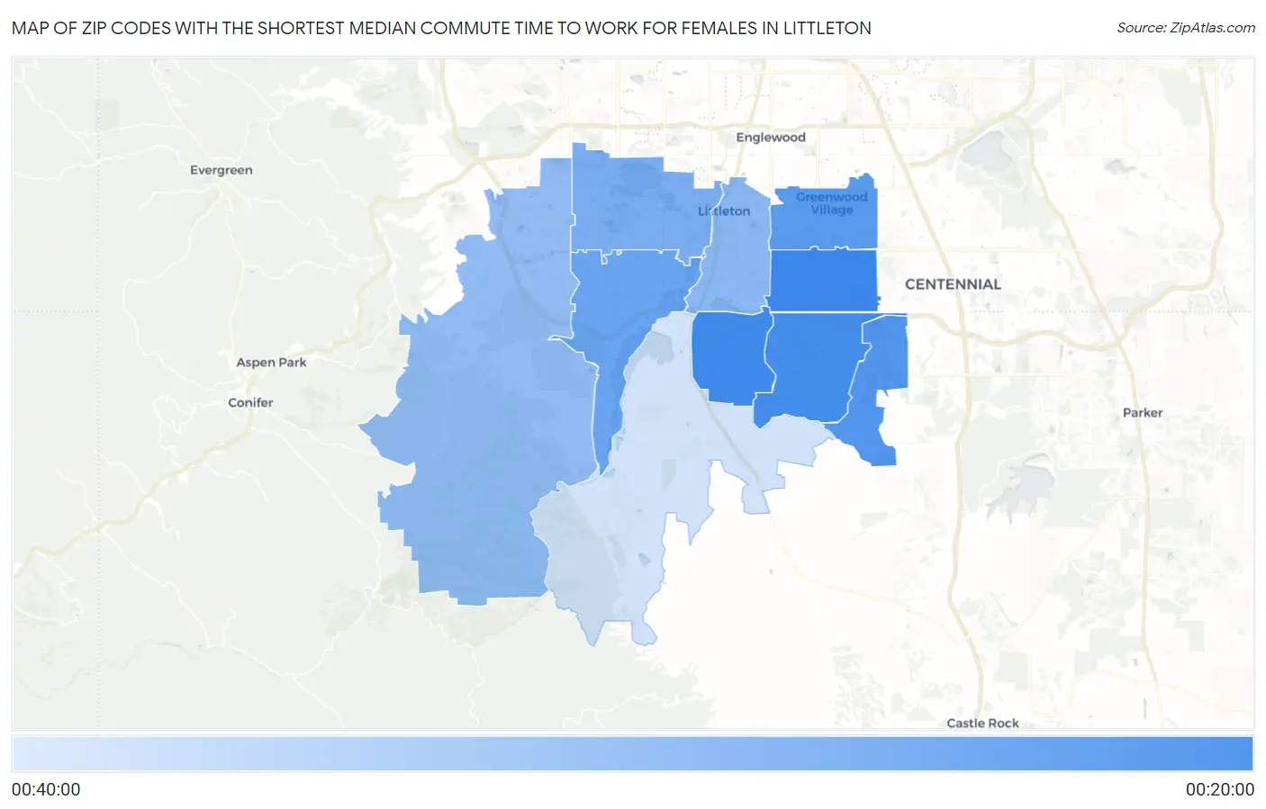 Zip Codes with the Shortest Median Commute Time to Work for Females in Littleton Map