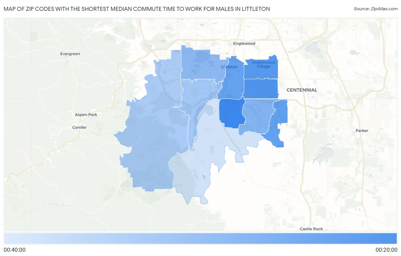 Zip Codes with the Shortest Median Commute Time to Work for Males in Littleton Map