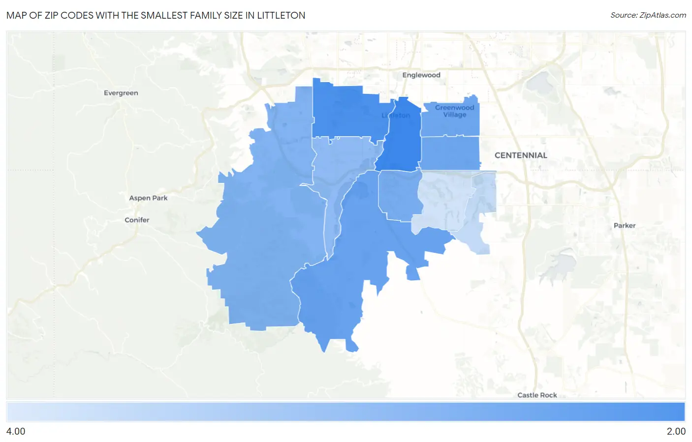Zip Codes with the Smallest Family Size in Littleton Map