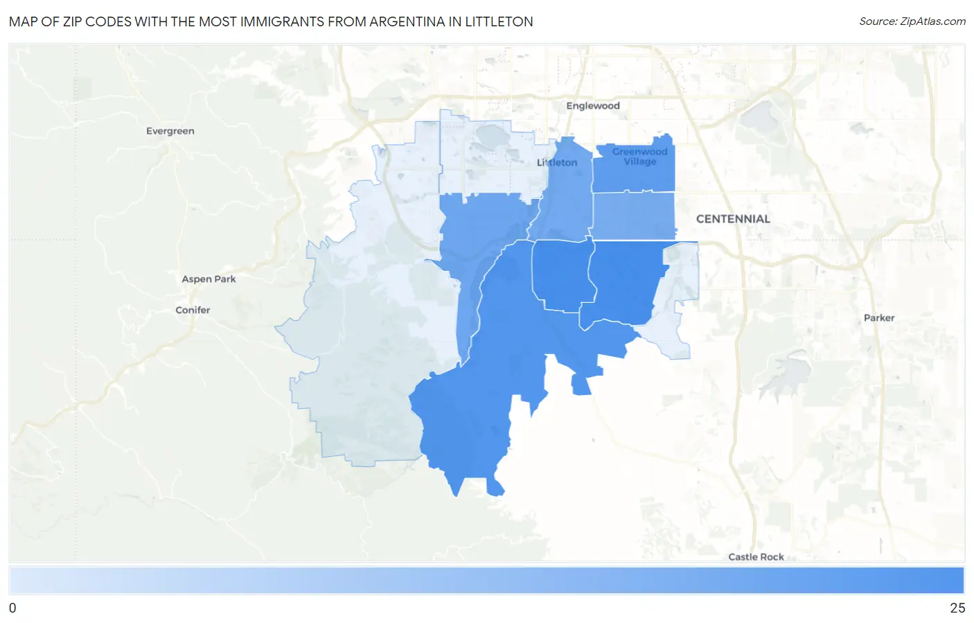 Zip Codes with the Most Immigrants from Argentina in Littleton Map