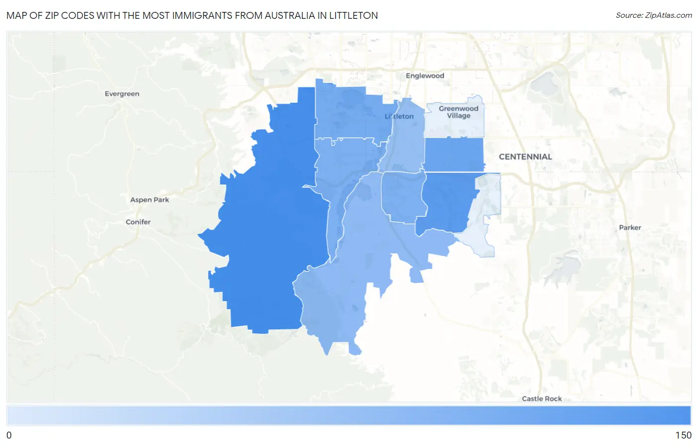 Zip Codes with the Most Immigrants from Australia in Littleton Map