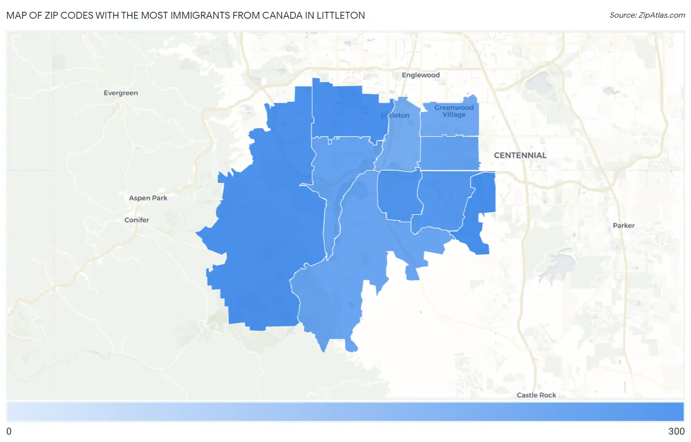 Zip Codes with the Most Immigrants from Canada in Littleton Map