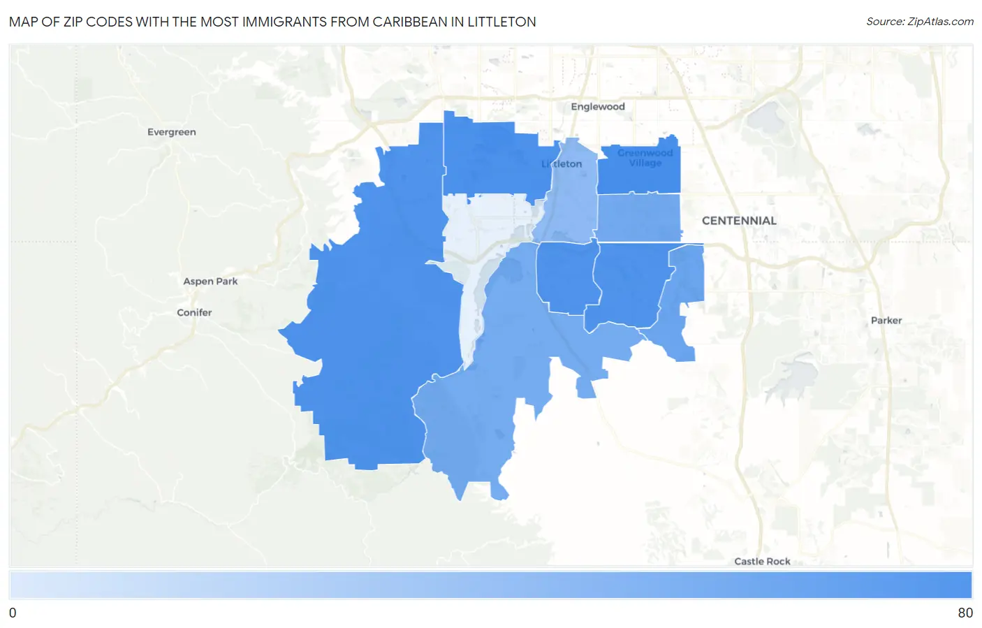 Zip Codes with the Most Immigrants from Caribbean in Littleton Map