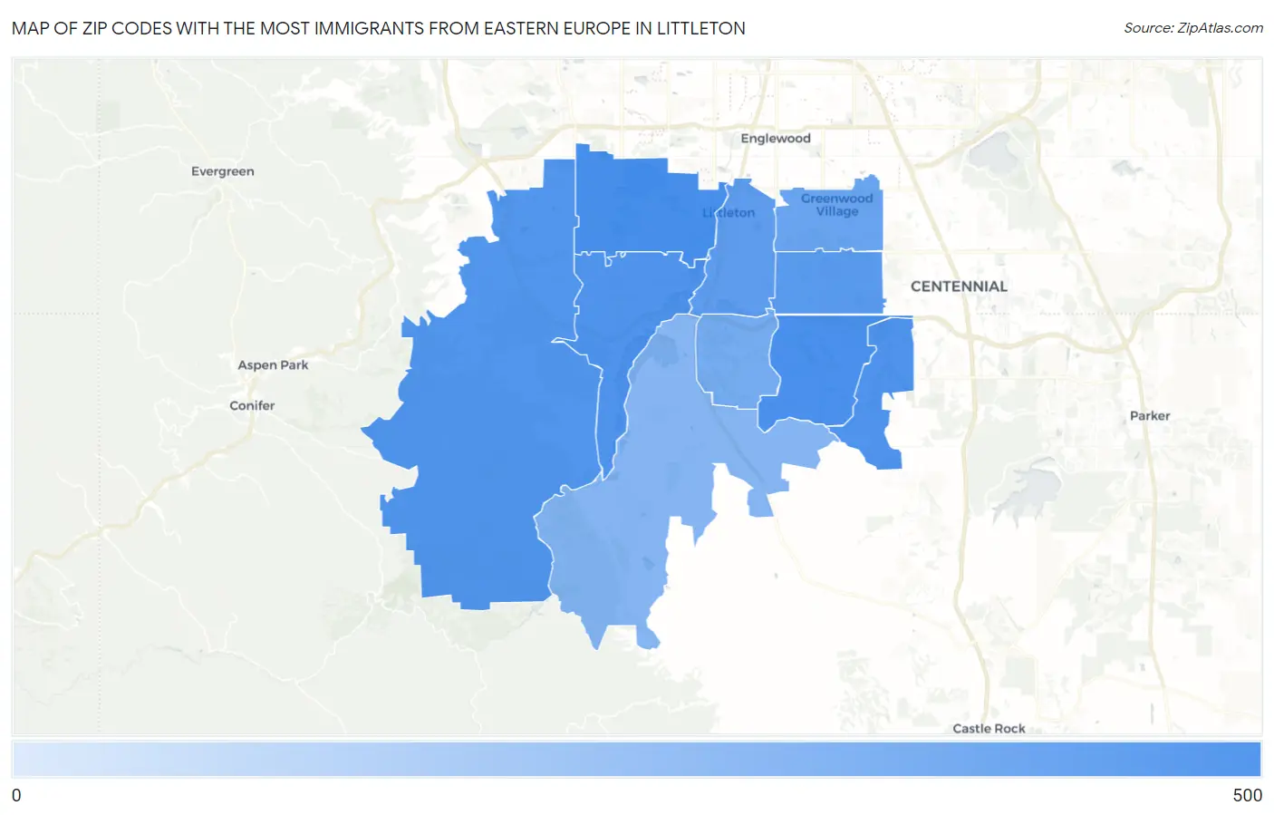 Zip Codes with the Most Immigrants from Eastern Europe in Littleton Map