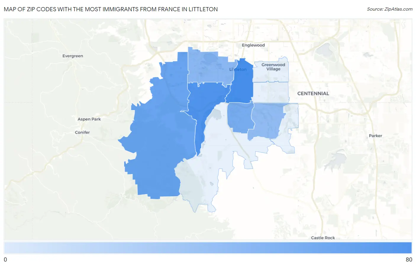 Zip Codes with the Most Immigrants from France in Littleton Map