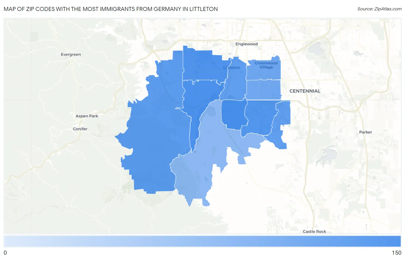 Zip Codes with the Most Immigrants from Germany in Littleton Map