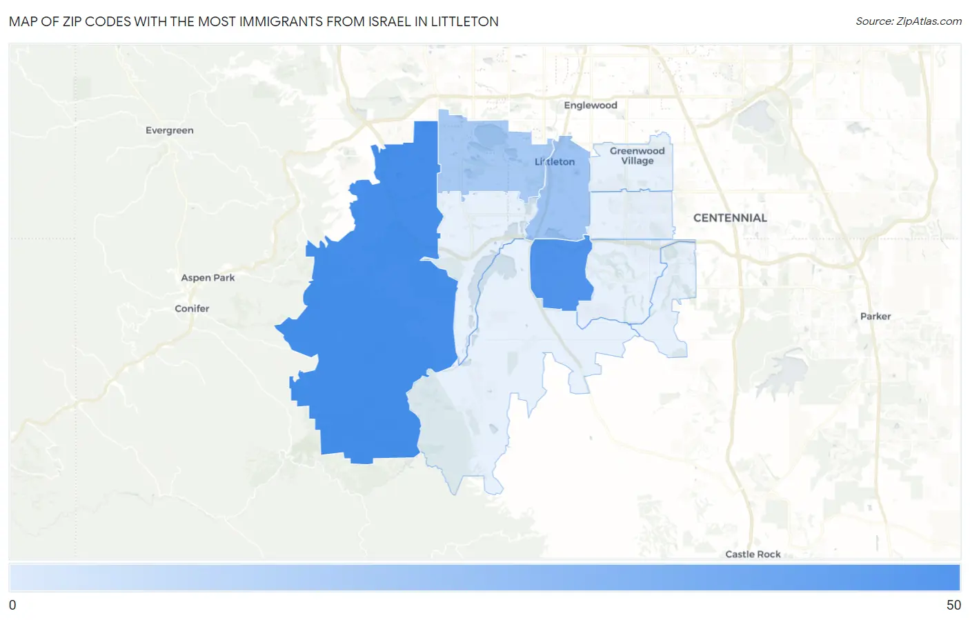Zip Codes with the Most Immigrants from Israel in Littleton Map