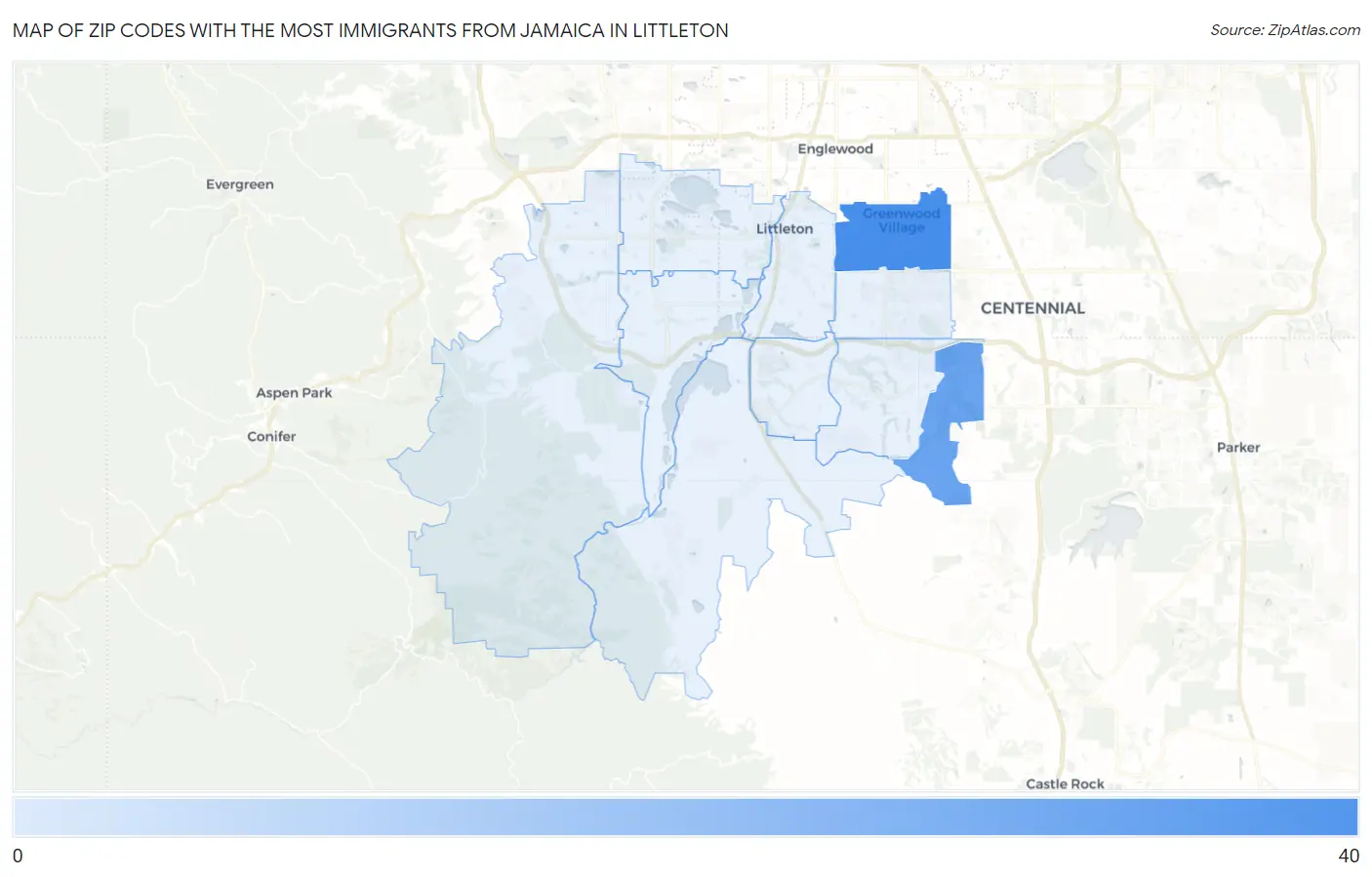 Zip Codes with the Most Immigrants from Jamaica in Littleton Map
