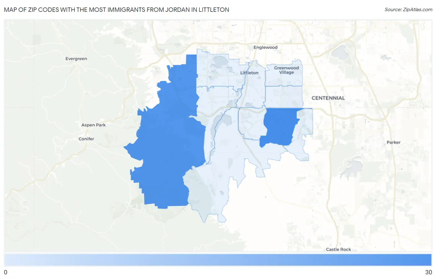 Zip Codes with the Most Immigrants from Jordan in Littleton Map