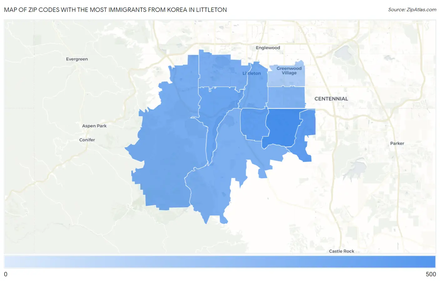 Zip Codes with the Most Immigrants from Korea in Littleton Map