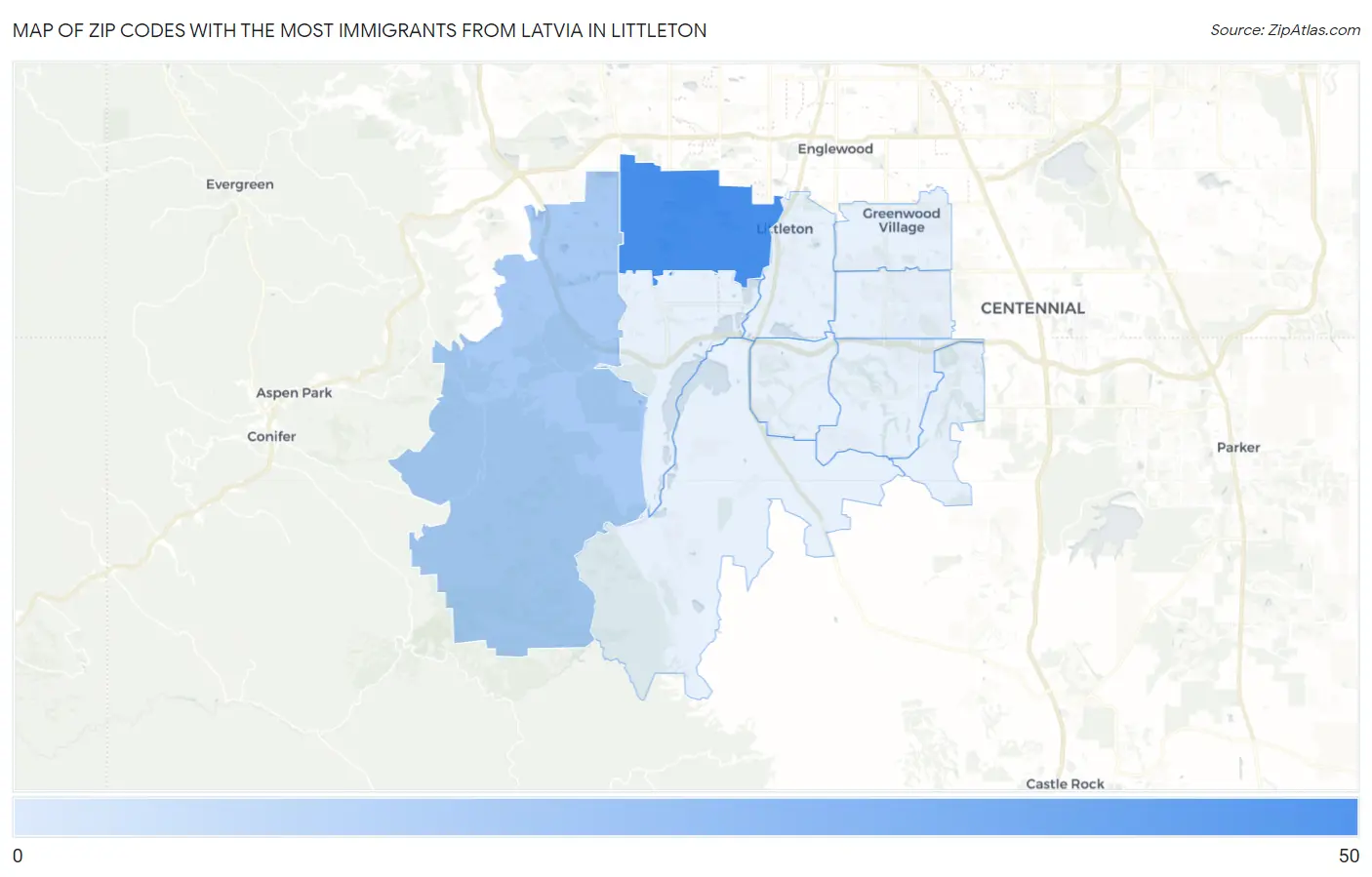 Zip Codes with the Most Immigrants from Latvia in Littleton Map