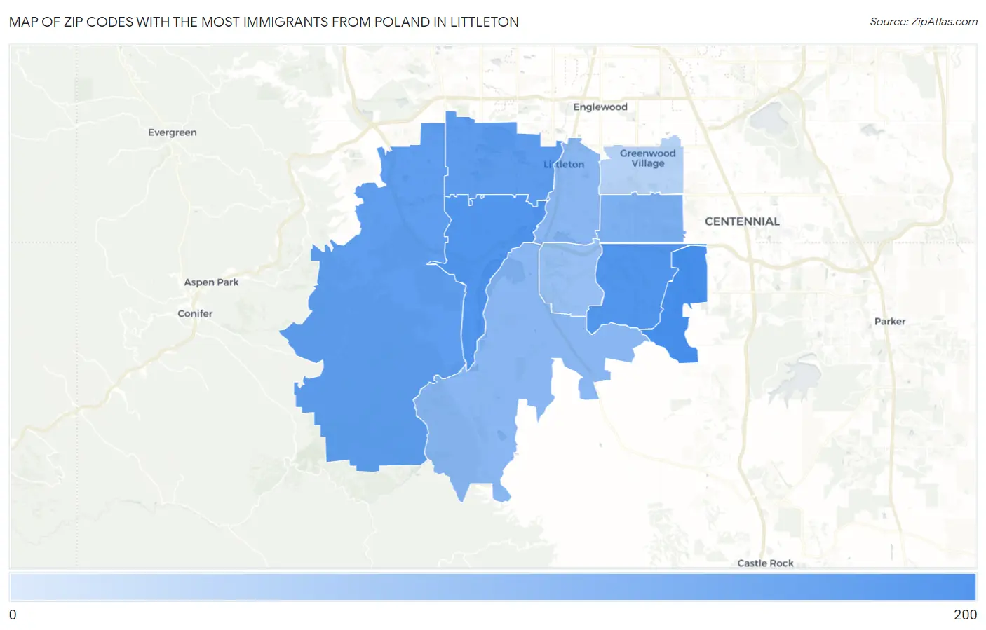 Zip Codes with the Most Immigrants from Poland in Littleton Map
