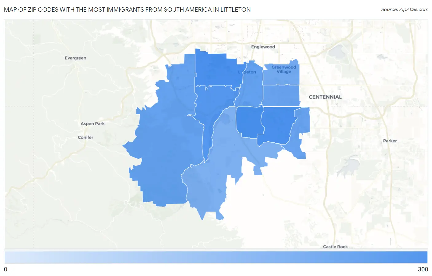 Zip Codes with the Most Immigrants from South America in Littleton Map