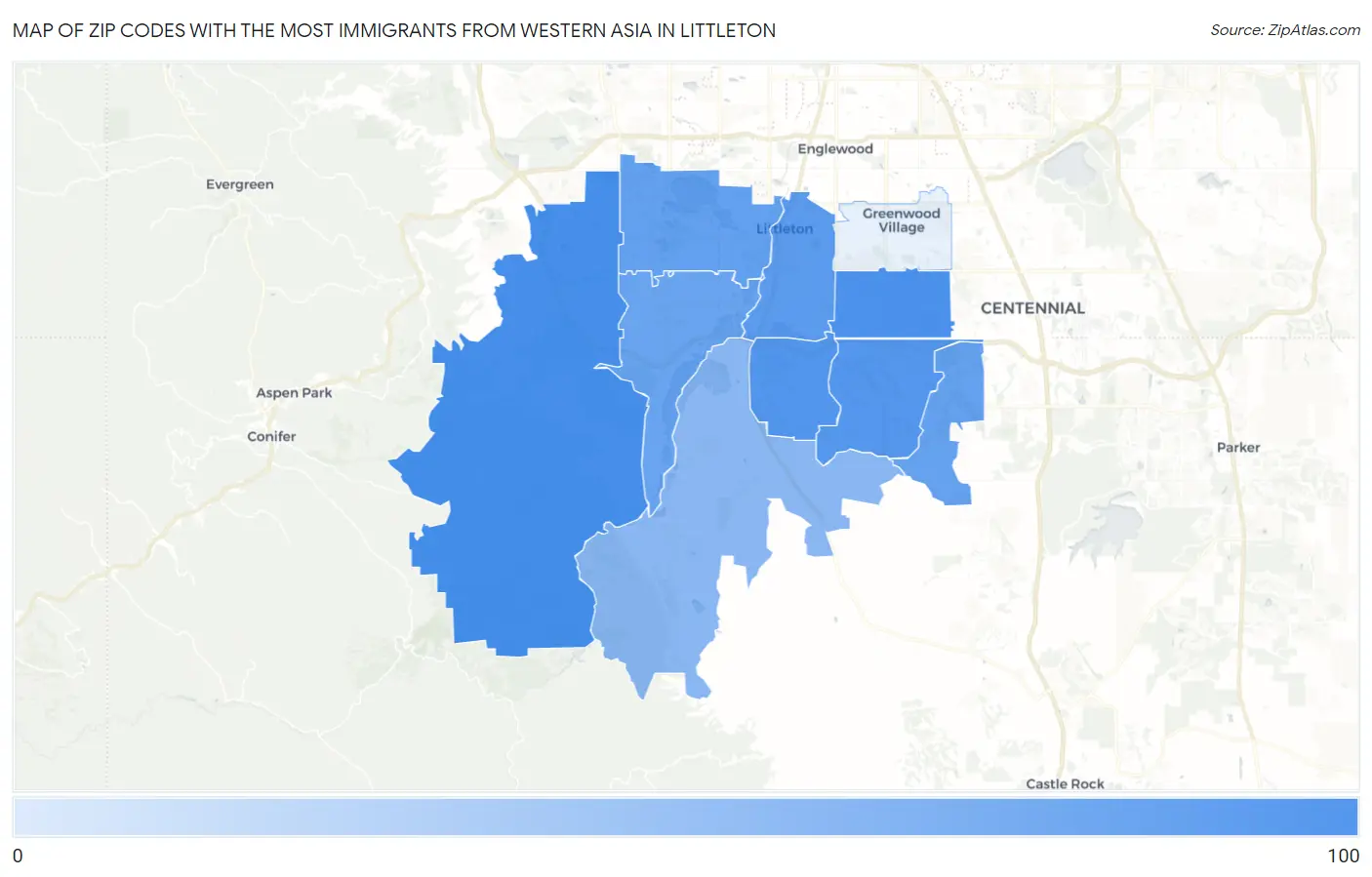 Zip Codes with the Most Immigrants from Western Asia in Littleton Map