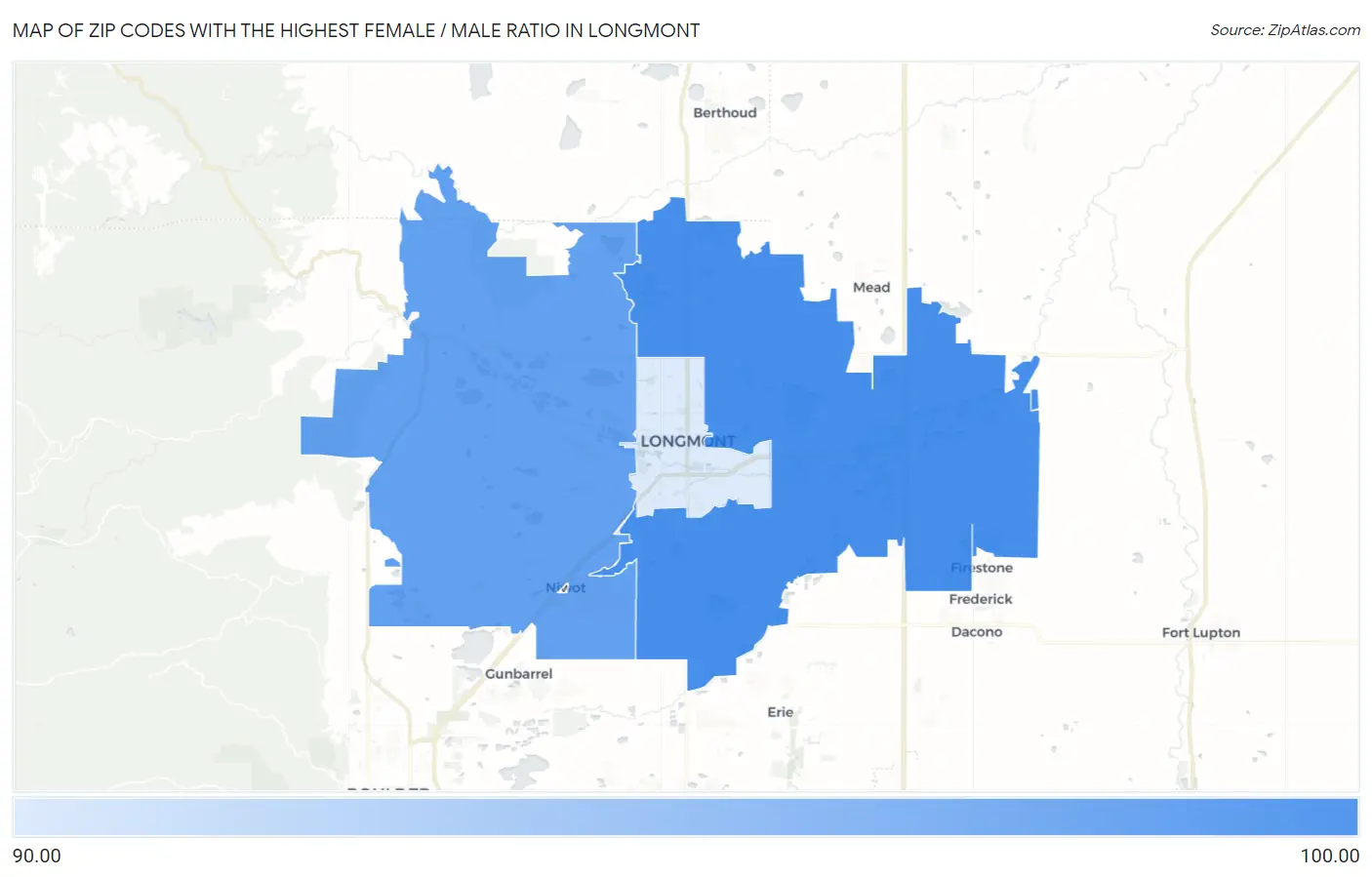 Zip Codes with the Highest Female / Male Ratio in Longmont Map