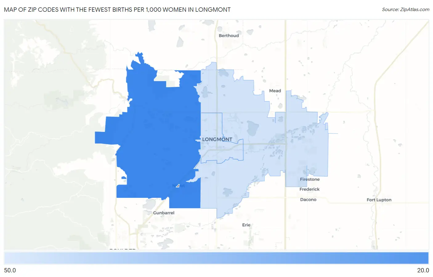 Zip Codes with the Fewest Births per 1,000 Women in Longmont Map
